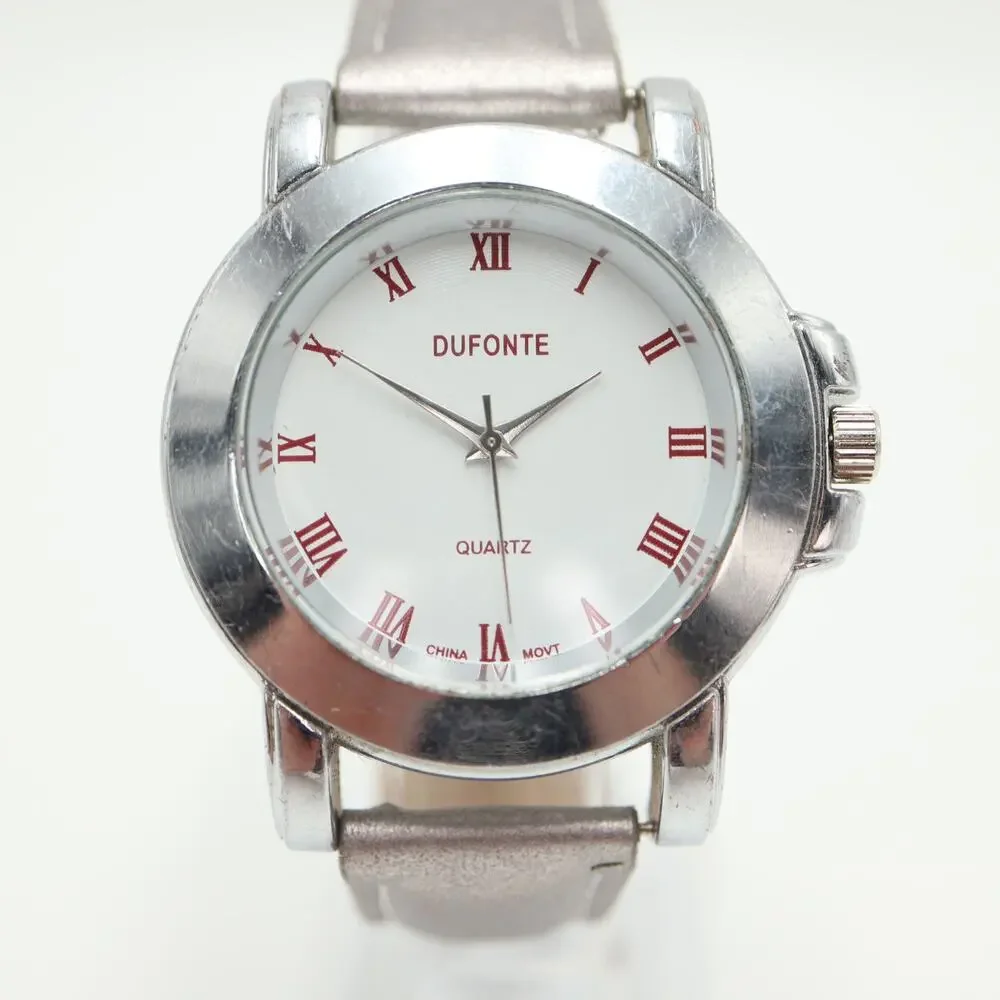 Vintage Dufonte Silver Tone Mens Watch 42mm Roman Dial Leather Strap New Battery
